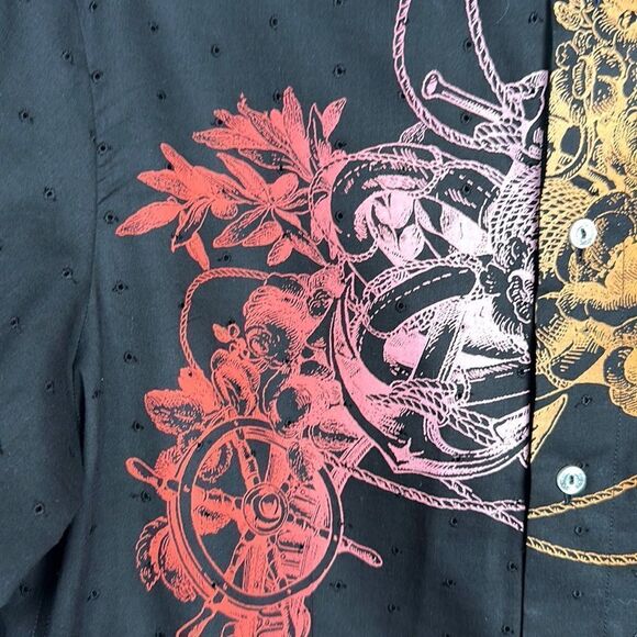 GF FERRE Vintage Printed Embroidered Black Button Up Shirt Eyelet Slim Fit M-L - Picture 6 of 14